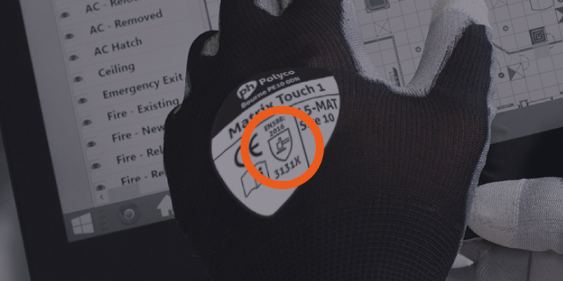 Close up of EN 388 rating on safety glove